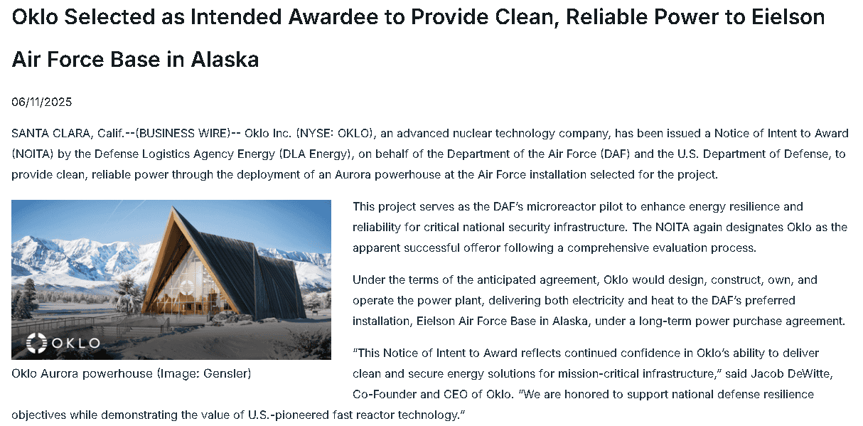 【匯金油整理】Oklo 成美國空軍潛在供電商,股價創新高