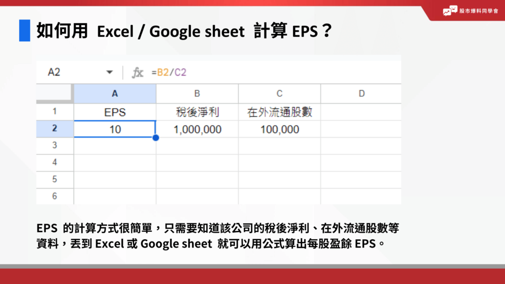 如何用 Excel / Google sheet 計算 EPS?只需要知道該公司的稅後淨利、在外流通股數等資料,丟到 Excel 或 Google sheet 就可以用公式算出每股盈餘 EPS。