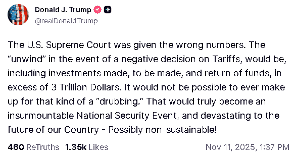 【匯金油整理】川普：關稅如敗訴，美國將損失逾3兆美元