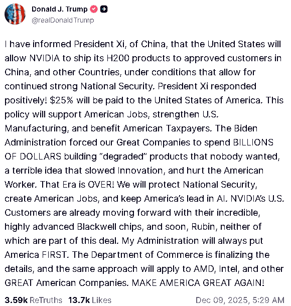 【匯金油整理】川普:「開放H200對中銷售,2類別除外!」