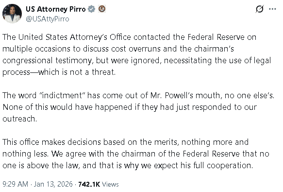 【匯金油整理】聯邦檢察官:Fed配合,鮑爾就不會收到傳票