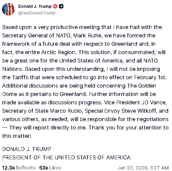 【匯金油整理】川普：「不會執行2/1預期生效的對歐關稅。」