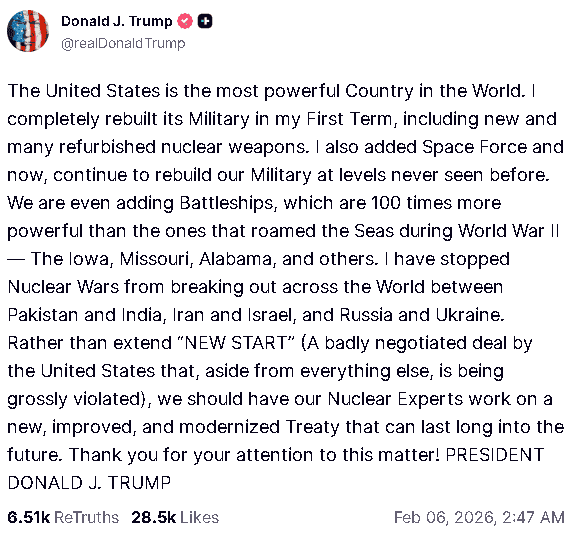 【匯金油整理】川普:應讓美專家,制定新長期核武條約