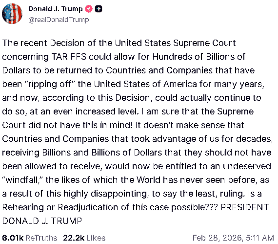 【匯金油整理】川普呼籲最高法院重審關稅裁決