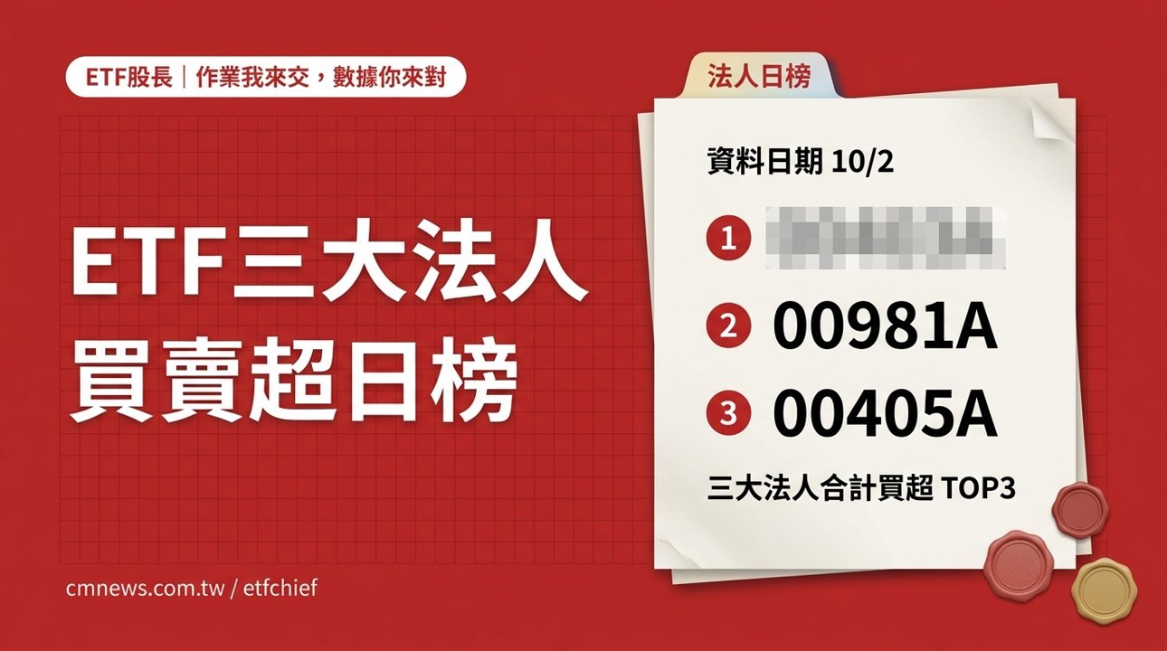 10/2 ETF 三大法人買賣超日榜|合計買超最多 00403A(主動統一升級50)、賣超最多 00406A(主動中信台灣收益)