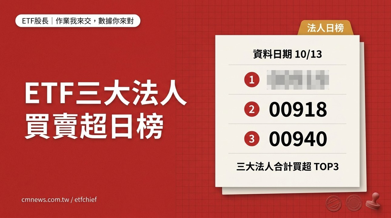 10/13 ETF 三大法人買賣超日榜｜合計買超最多 00919(群益台灣精選高息)、賣超最多 00406A(主動中信台灣收益)