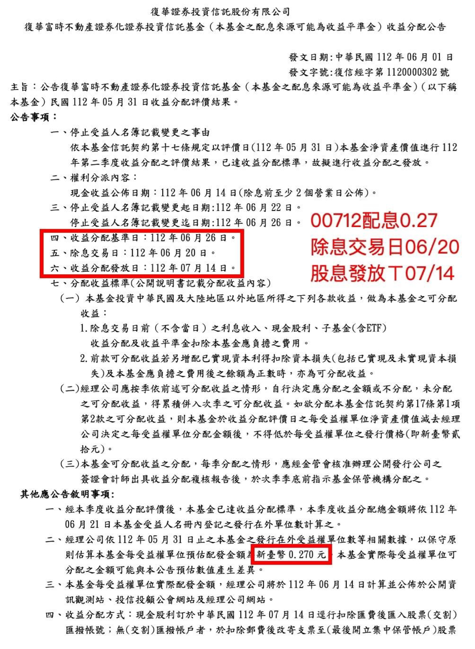 00712 復華富時不動產 - 配息0.270 收益分配基準日...｜CMoney 股市爆料同學會