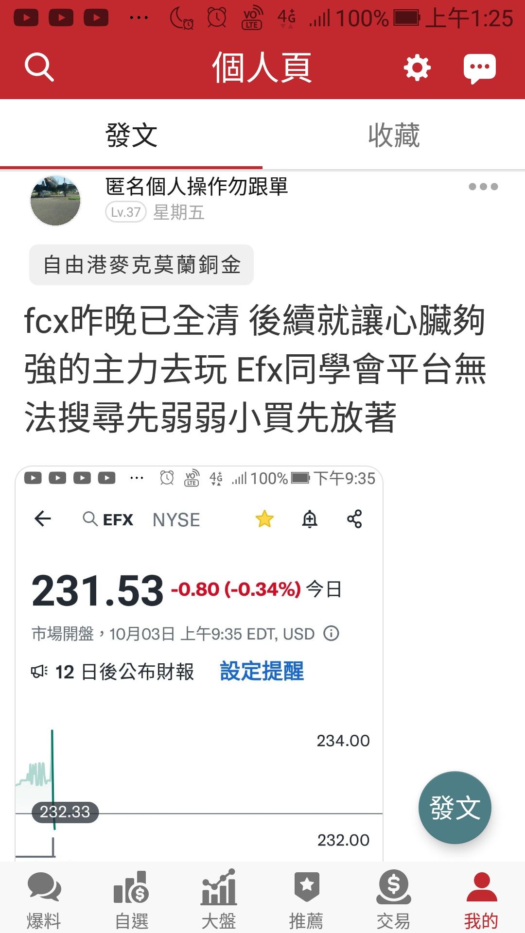 FCX 自由港麥克莫蘭銅金- 上周五轉買的開盤後曾跌回入手價附近但現在股價拉開後續的財報應...｜CMoney 股市爆料同學會