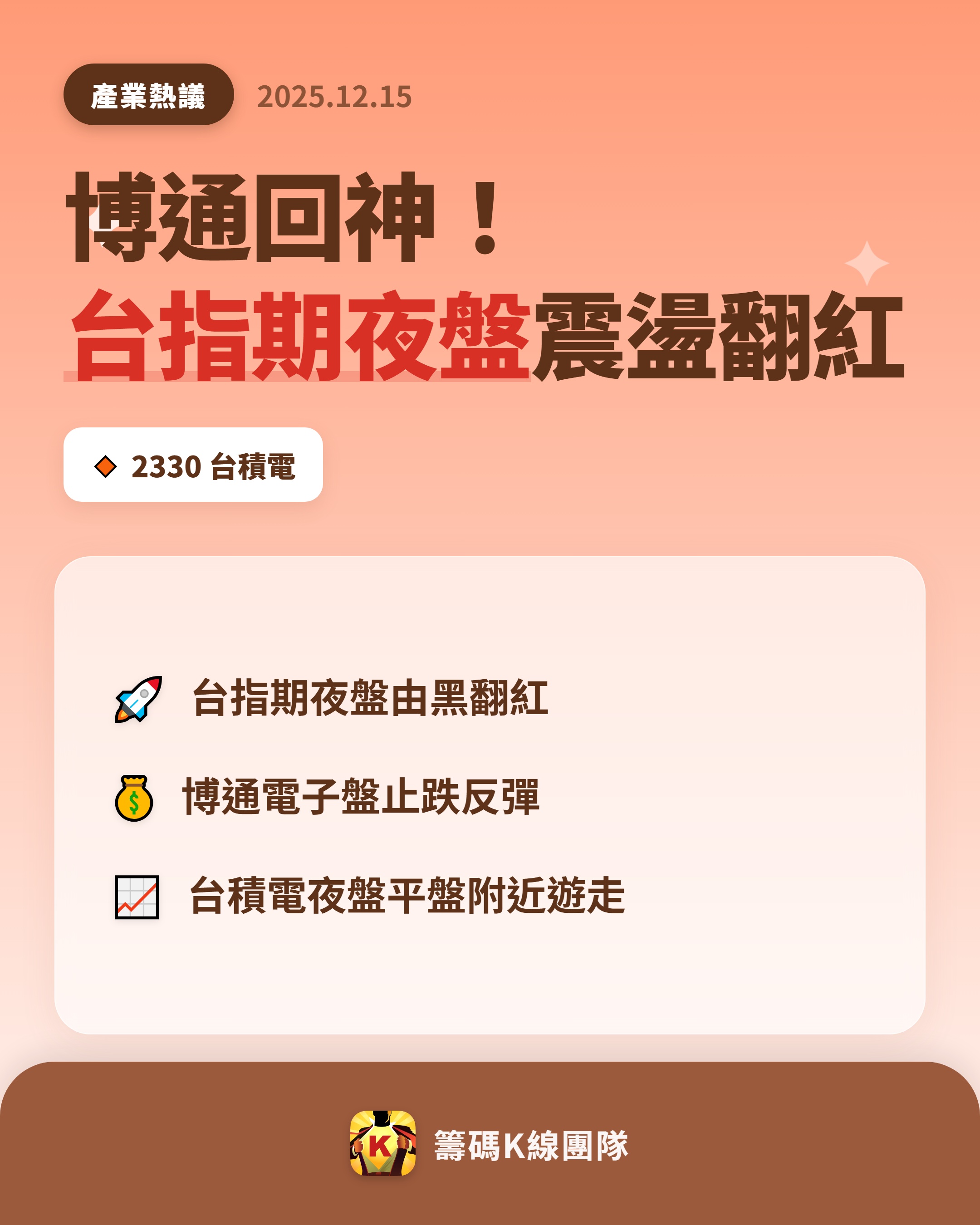 2330 台積電- 🔥 博通回神美股電子盤帶動台指期夜盤翻紅🔥 【 夜...｜CMoney 股市爆料同學會