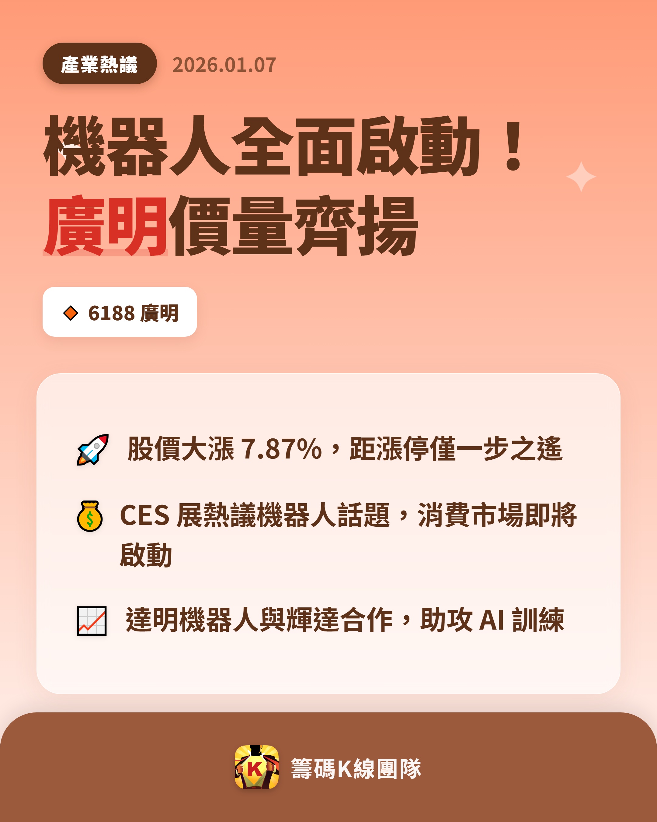 6188 廣明- 🔥 機器人風潮來了！ 🔥 廣明（6188）今日股價一路...｜CMoney 股市爆料同學會