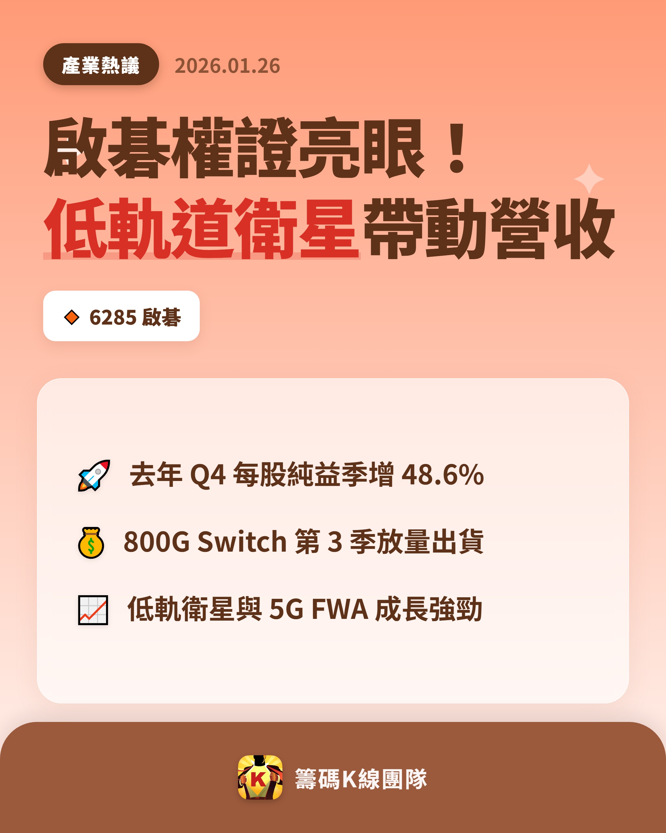 6285 啟碁- 🔥 啟碁權證亮眼，低軌道衛星成長引擎🔥 啟碁（628...｜CMoney 股市爆料同學會