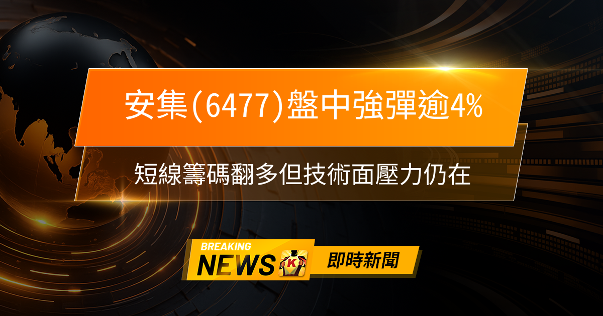 【10:20 即時新聞】安集(6477)盤中強彈逾4％，短線籌碼翻多但技術面壓力仍在，綠能政策題材續發酵
