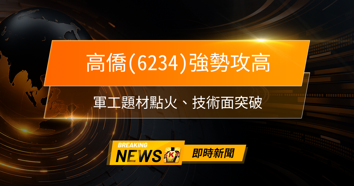 【09:55 即時新聞】高僑(6234)強勢攻高，軍工題材點火、技術面突破，短線量能爆發吸引資金關注