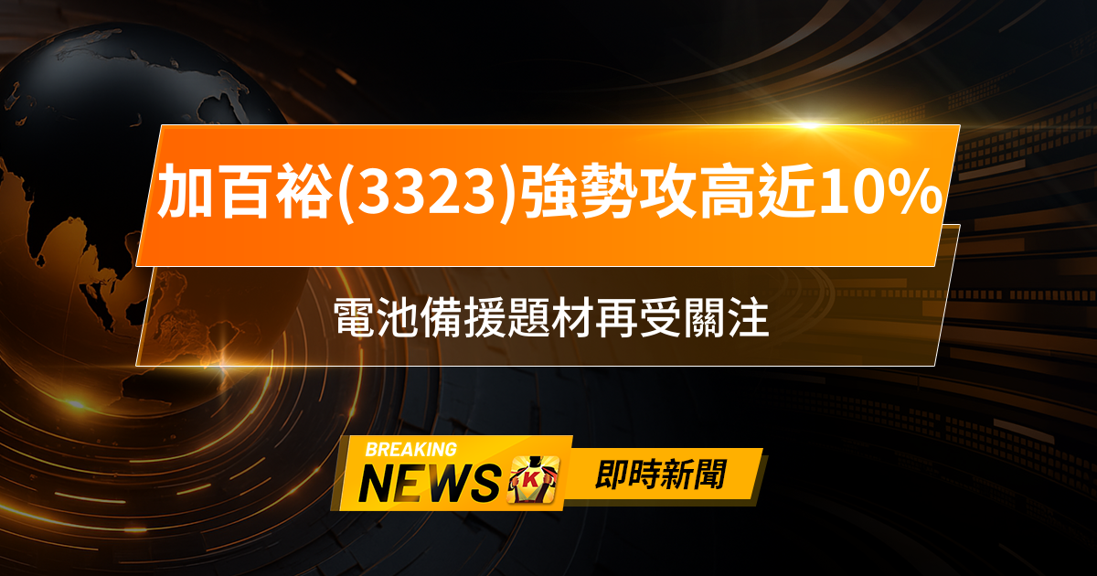 【11:28 即時新聞】加百裕(3323)強勢攻高近10％，填息行情點火、主力短線回補，電池備援題材再受關注