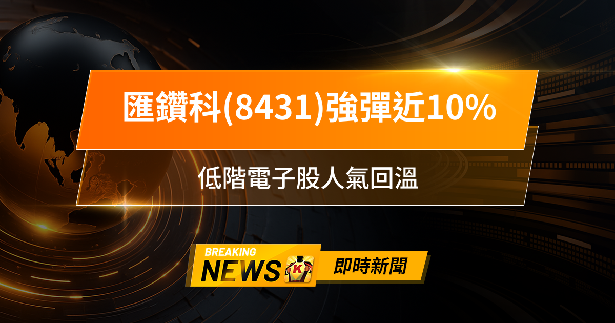 【12:07 即時新聞】匯鑽科(8431)強彈近10％，短線主力回補、法人買盤點火，低階電子股人氣回溫