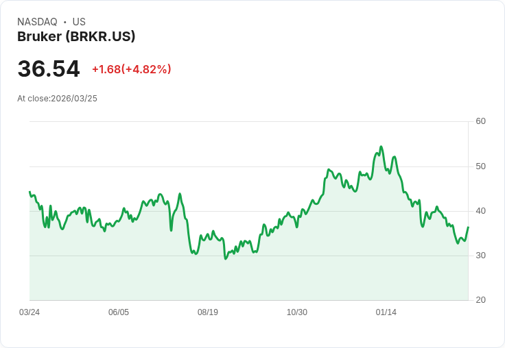 【00:46 即時新聞】Bruker(BRKR) 盤中勁揚逾5％：技術指標自低檔轉強點火反彈