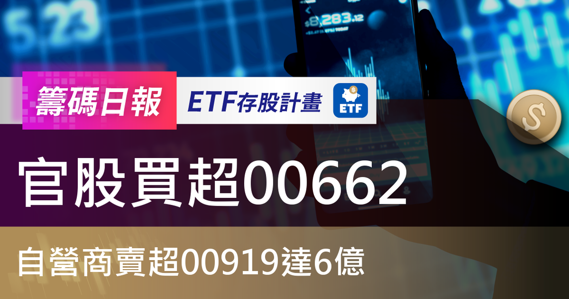 【ETF籌碼日報】官股買超00662，自營商賣超00919達6億