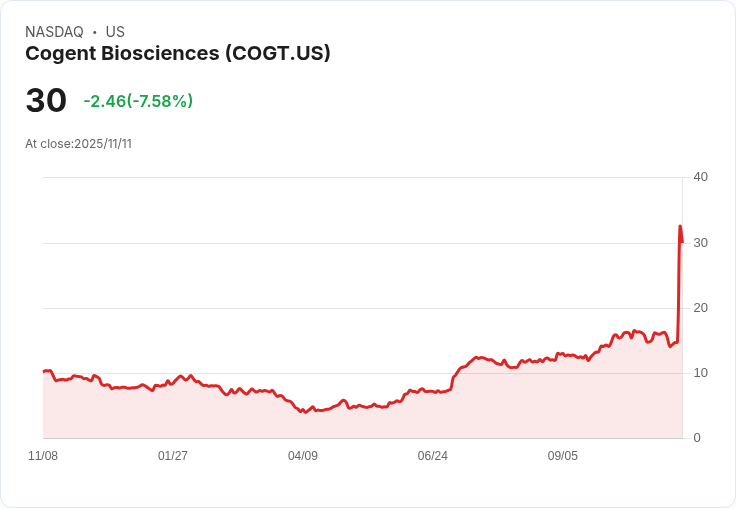 【22:30 即時新聞】Cogent Biosciences(COGT)急跌6.35％／公開增資與債券發行引資金壓力